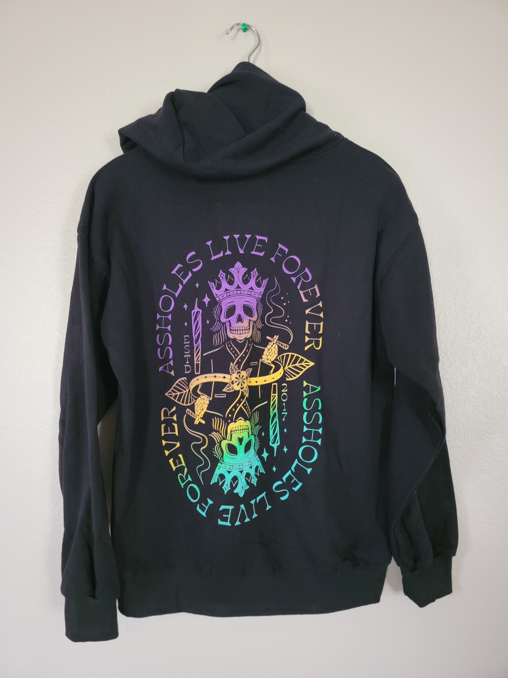 Black Graphic Assholes Live Forever Hoodie with Rainbow Skull Back Print